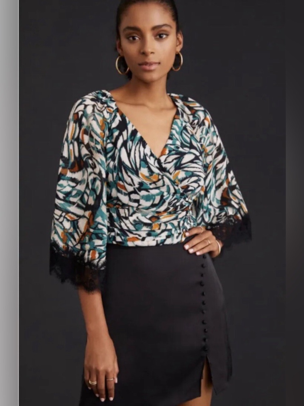 Anthropologie V-Neck Lace Trim Wrap Top Blouse Size Small